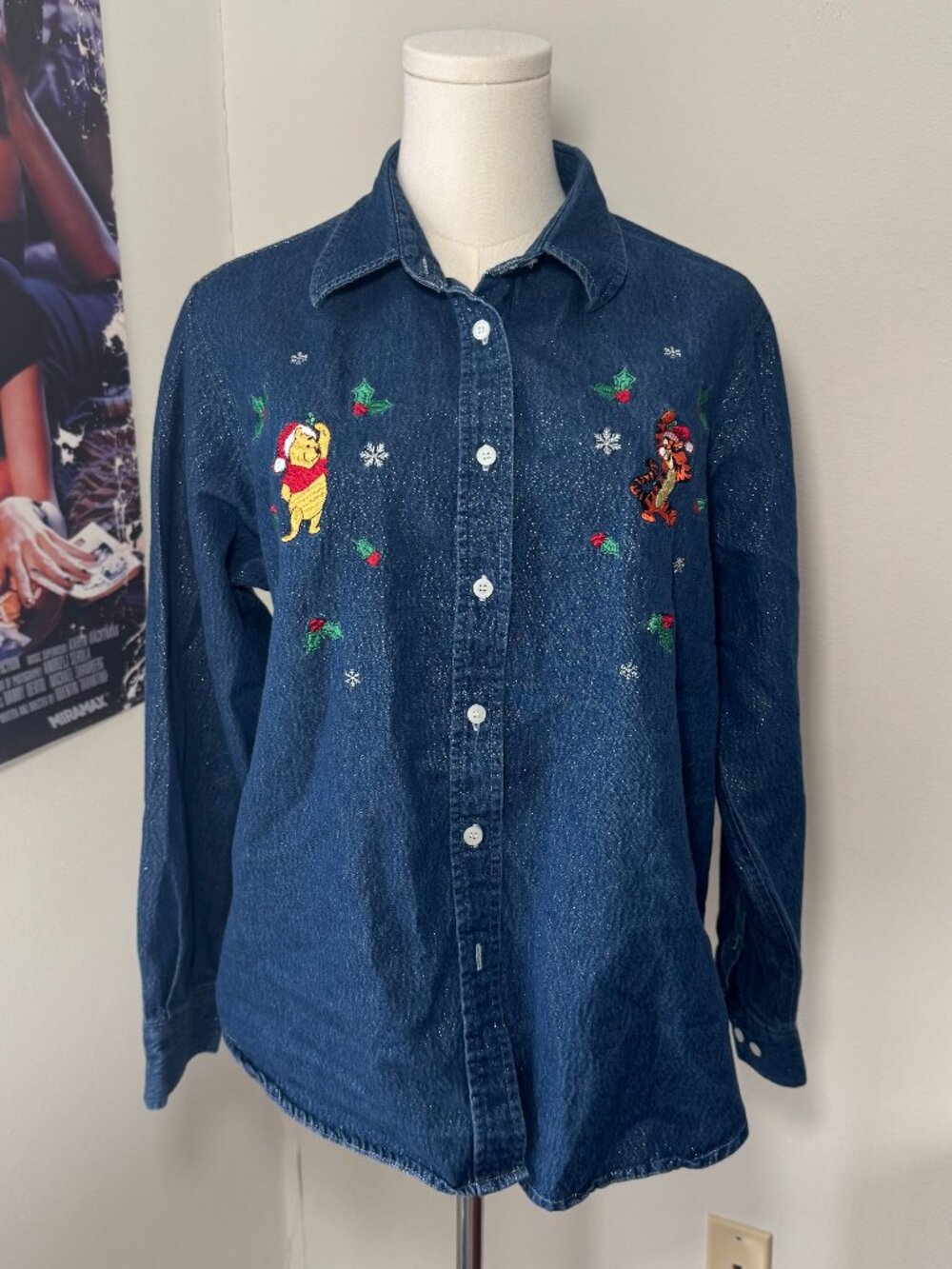 Disney Winnie the Pooh and Tigger Embroidered Holiday Long Sleeve Button Down - Picture 1 of 11